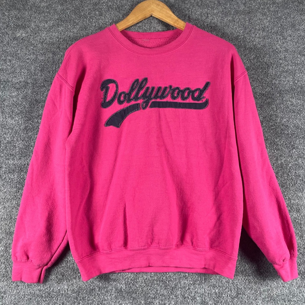 Dollywood Sweatshirt Womens M Pink Pullover Applique Logo Script Dolly Parton